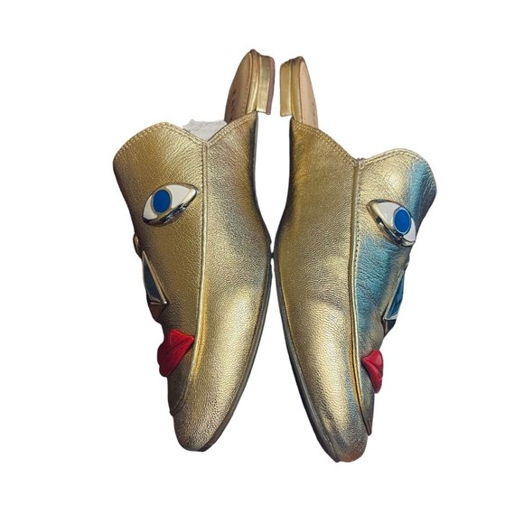 Katy Perry THE RUE Gold Mules Slides Size 6 Party Fun Artsy 3D Modern Glam Face - Picture 3 of 13